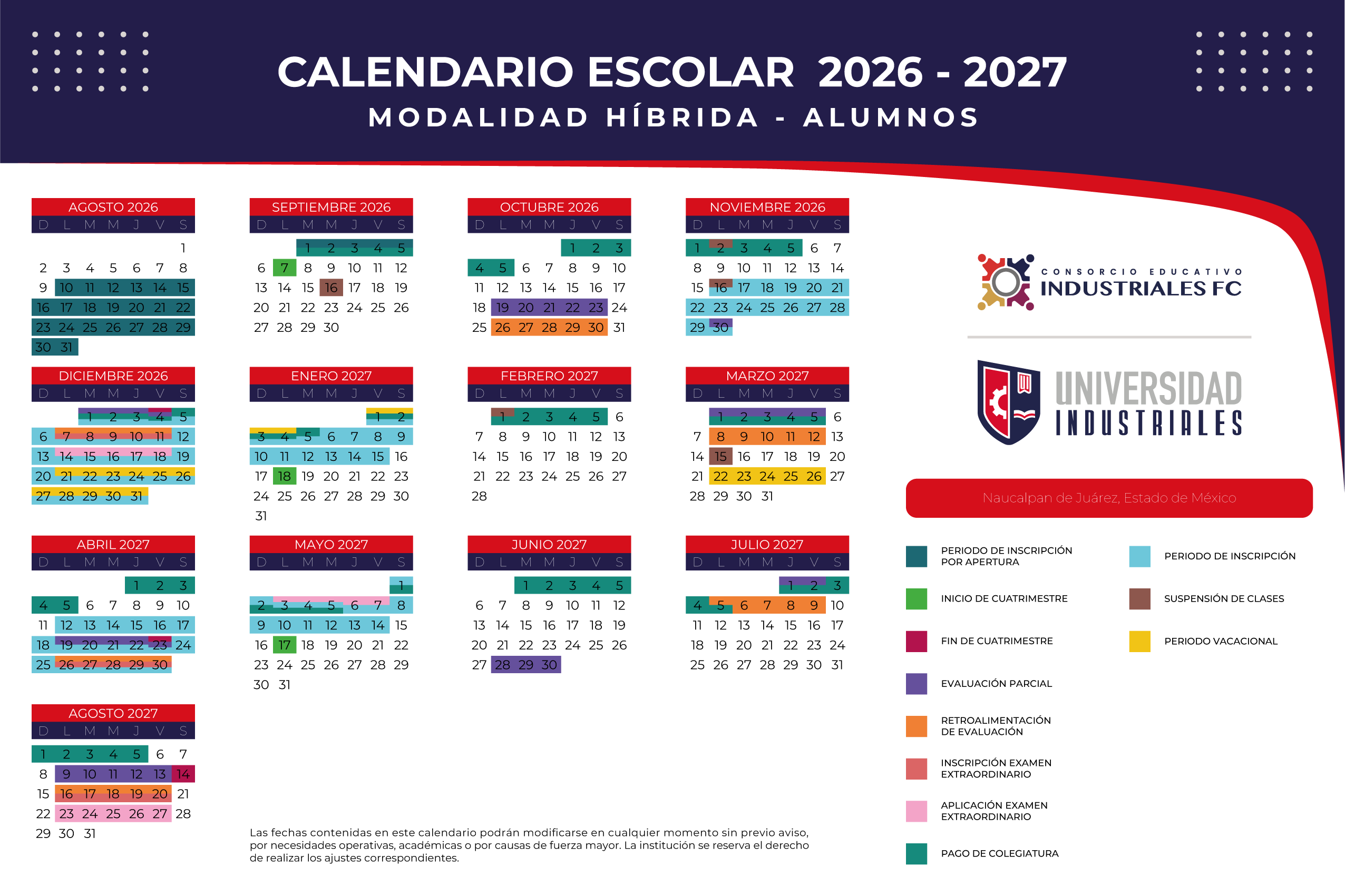 Calendario Escolar Modalidad Híbrida Alumnos